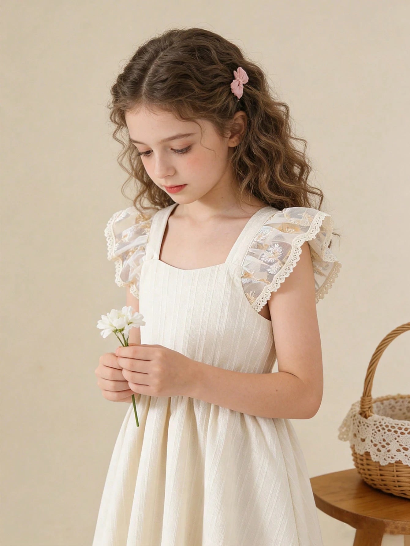Little Girls Lace Flutter Sleeve Back-Bow A-Line Dress - Ecru | 21 ...