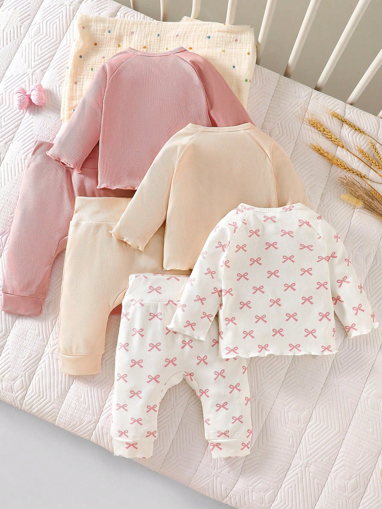 3pcs Baby Girls Bow Print Ribbed Top & Pants Set - Dusty Rose | 21 ...