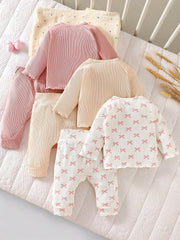 3pcs Baby Girls Bow Print Ribbed Top & Pants Set - Dusty Rose | 21 ...