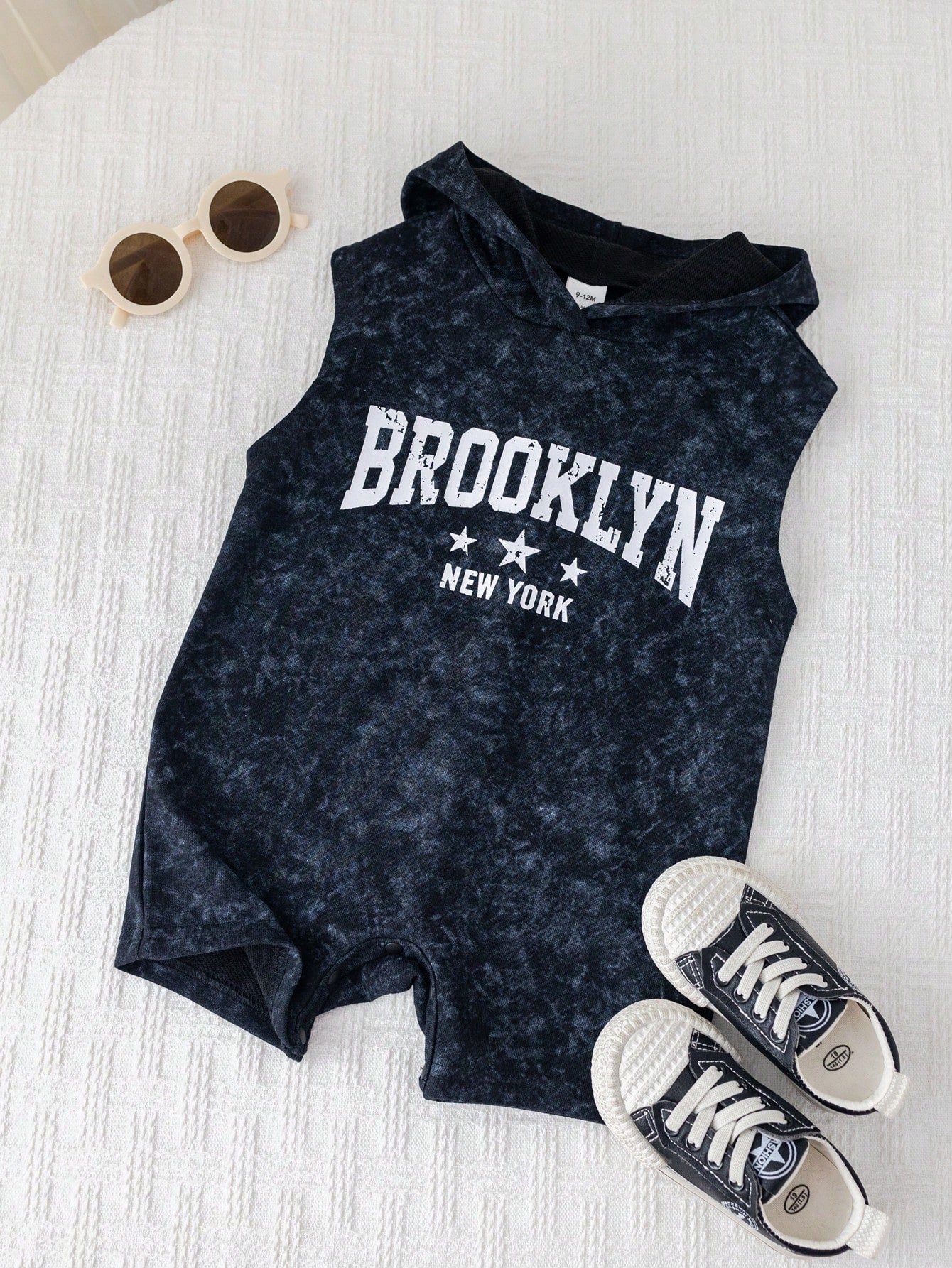 Boys Brooklyn Print Sleeveless Hooded Romper - Onyx