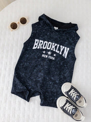 Boys Brooklyn Print Sleeveless Hooded Romper - Onyx