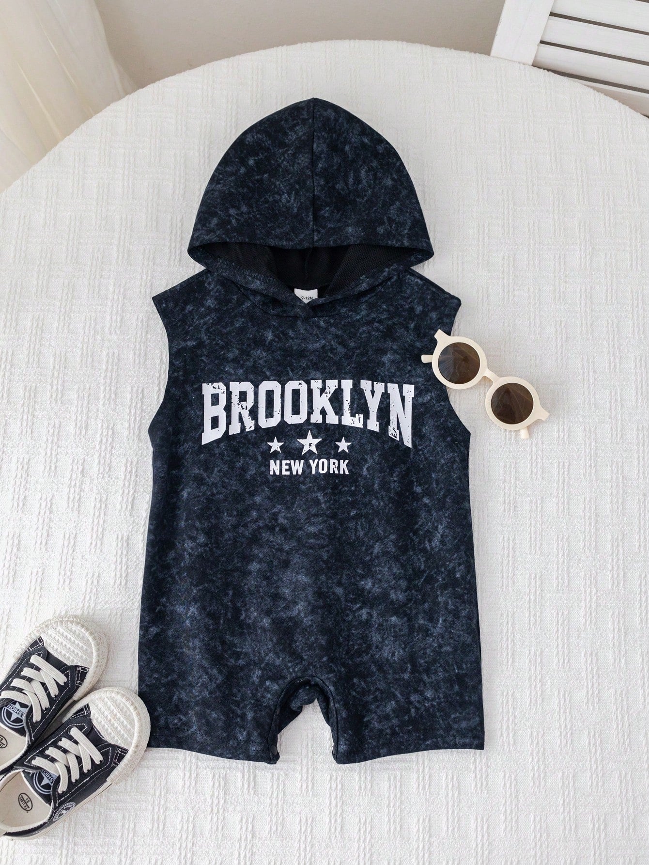 Boys Brooklyn Print Sleeveless Hooded Romper - Onyx