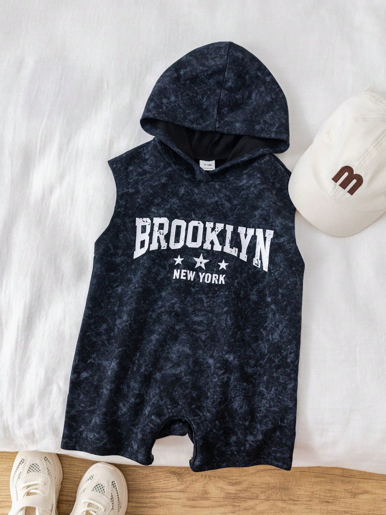 Boys Brooklyn Print Sleeveless Hooded Romper - Onyx