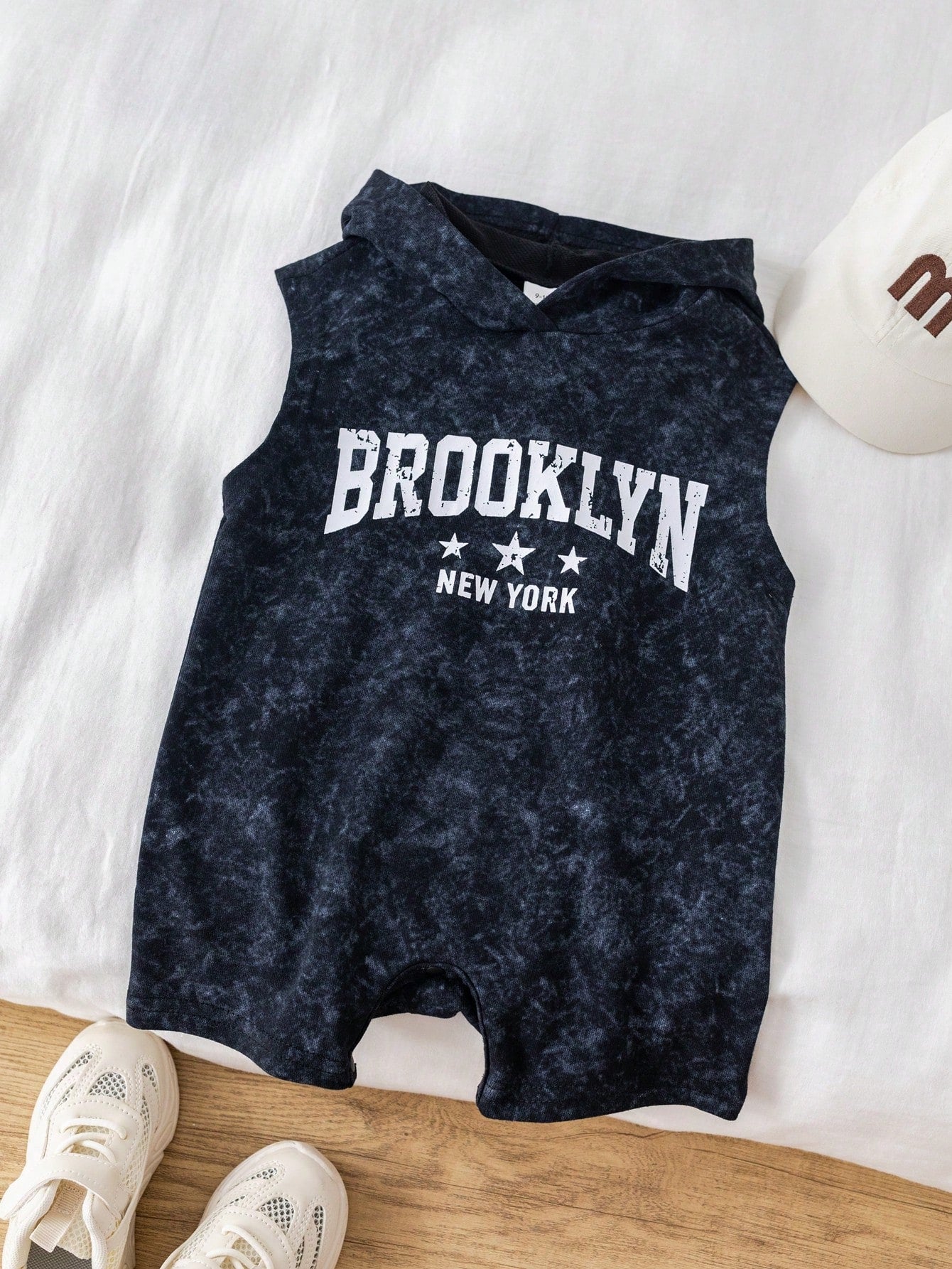 Boys Brooklyn Print Sleeveless Hooded Romper - Onyx