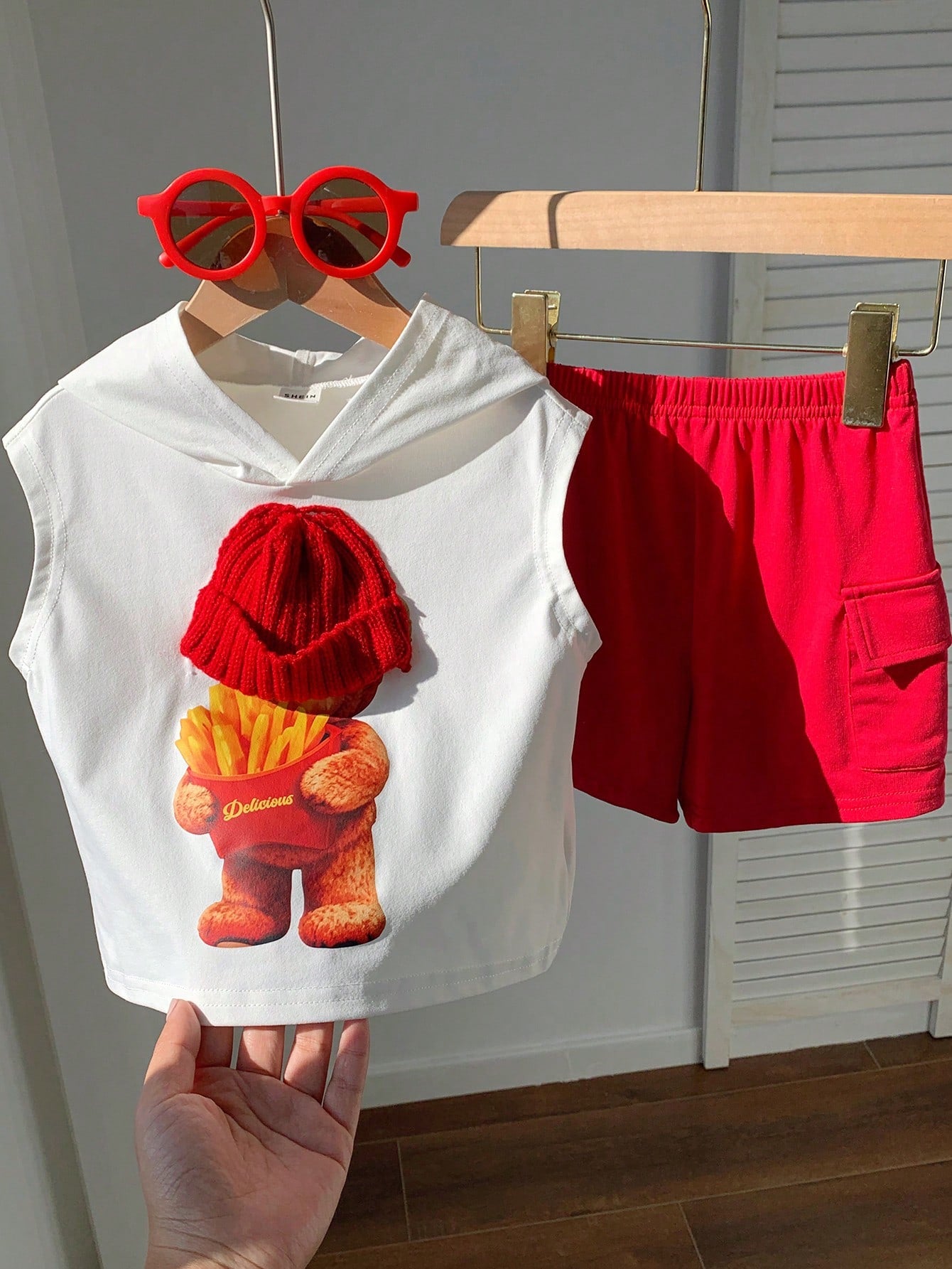 2pcs Boys Bear Graphic Hooded Tank & Cargo Shorts Set - Ivory | 21 ...