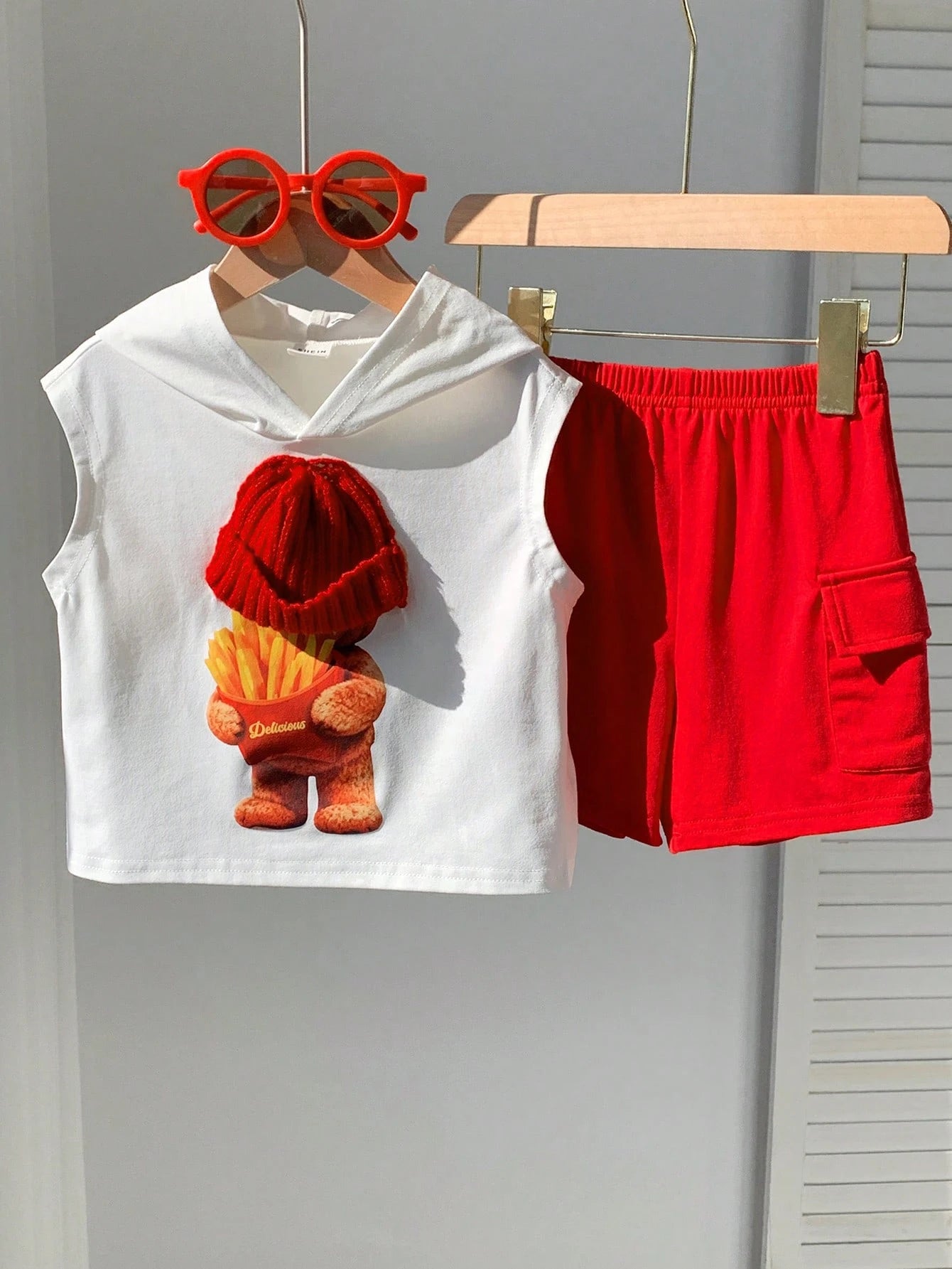 2pcs Boys Bear Graphic Hooded Tank & Cargo Shorts Set - Ivory | 21 ...