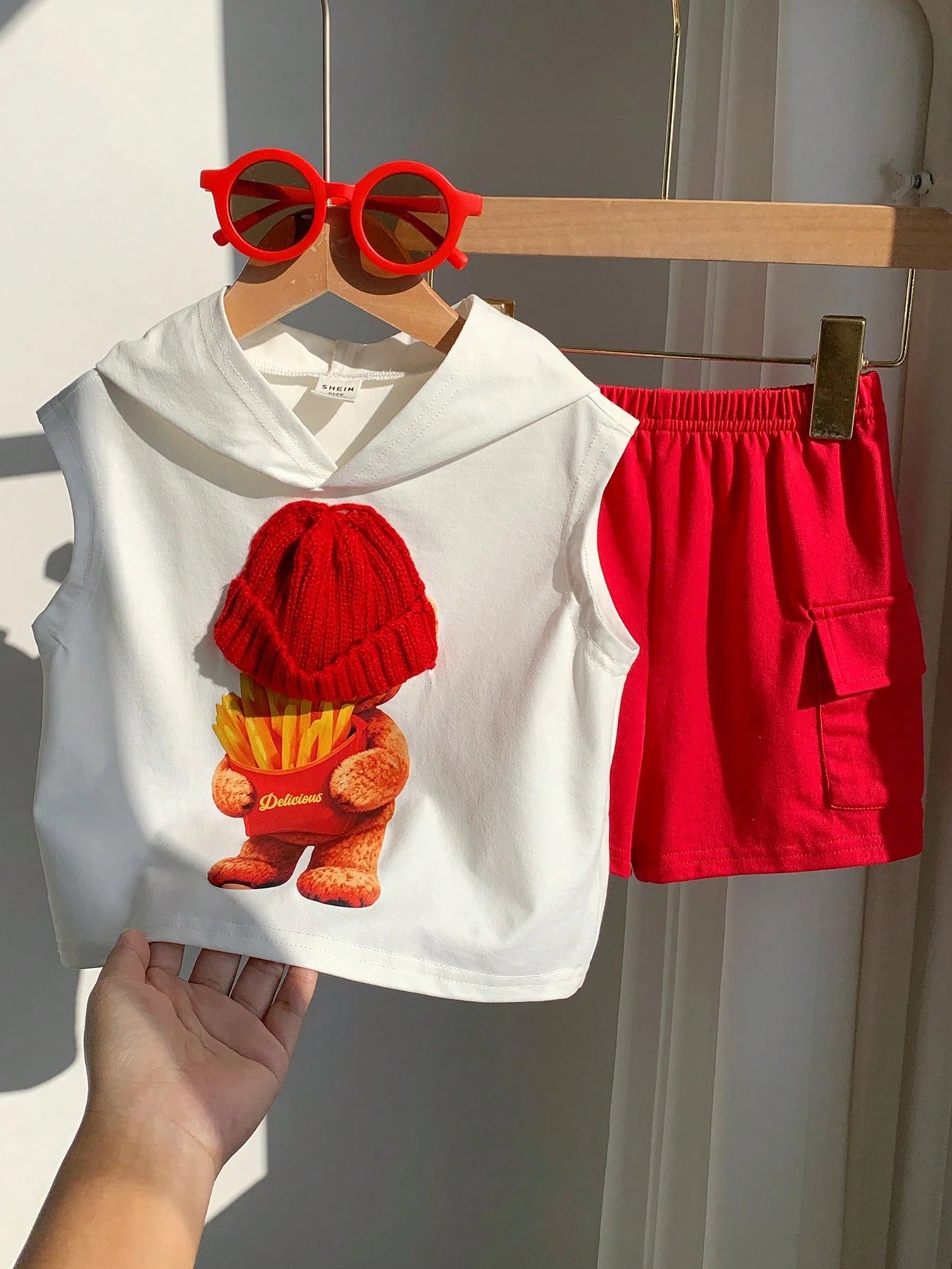 2pcs Boys Bear Graphic Hooded Tank & Cargo Shorts Set - Ivory | 21 ...