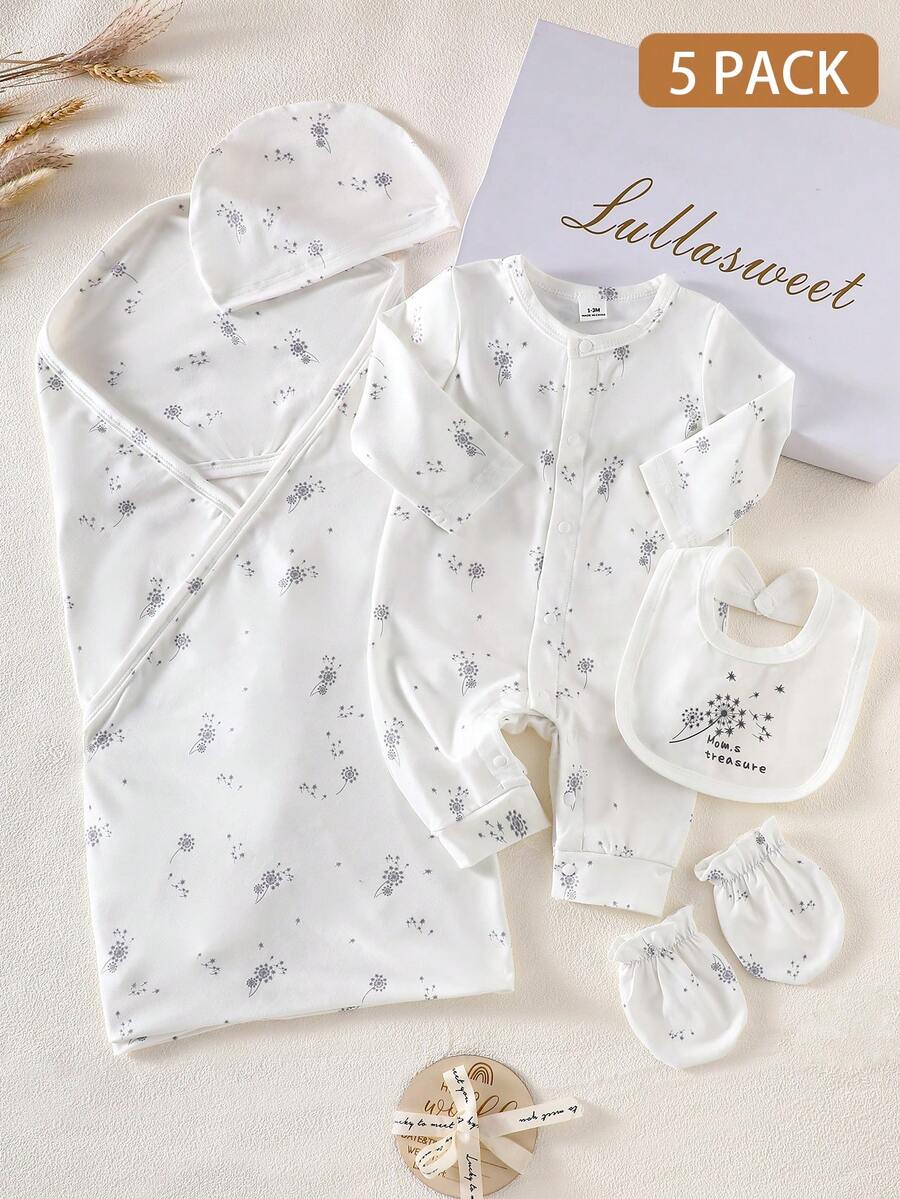 5pcs Baby Boys Dandelion Print Newborn Gift Set - Ivory | 21 Centur...