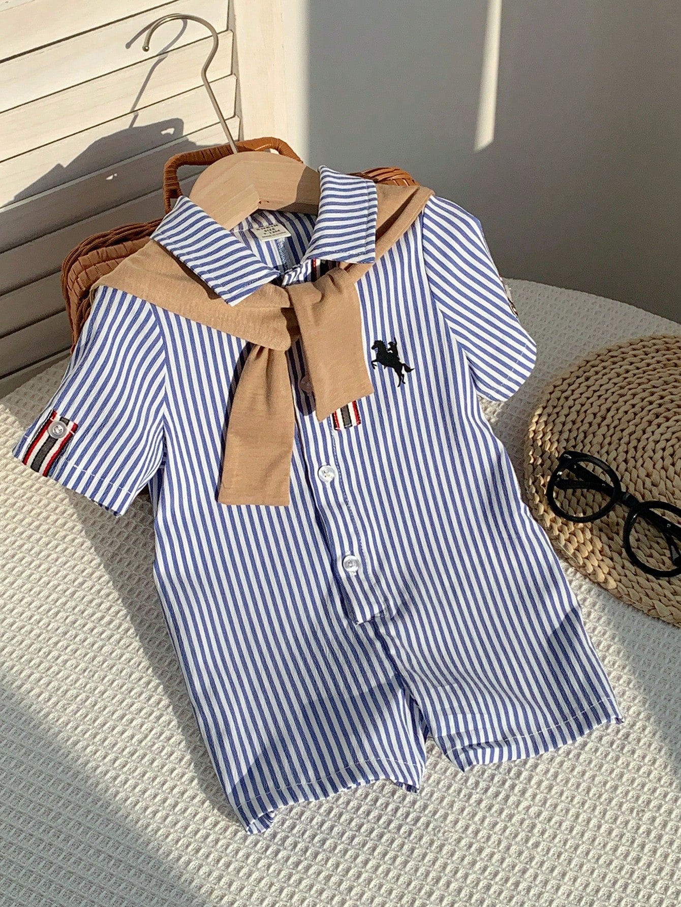 2pcs Boys Striped Seersucker Romper & Knit Shawl Set - Cerulean | 2...