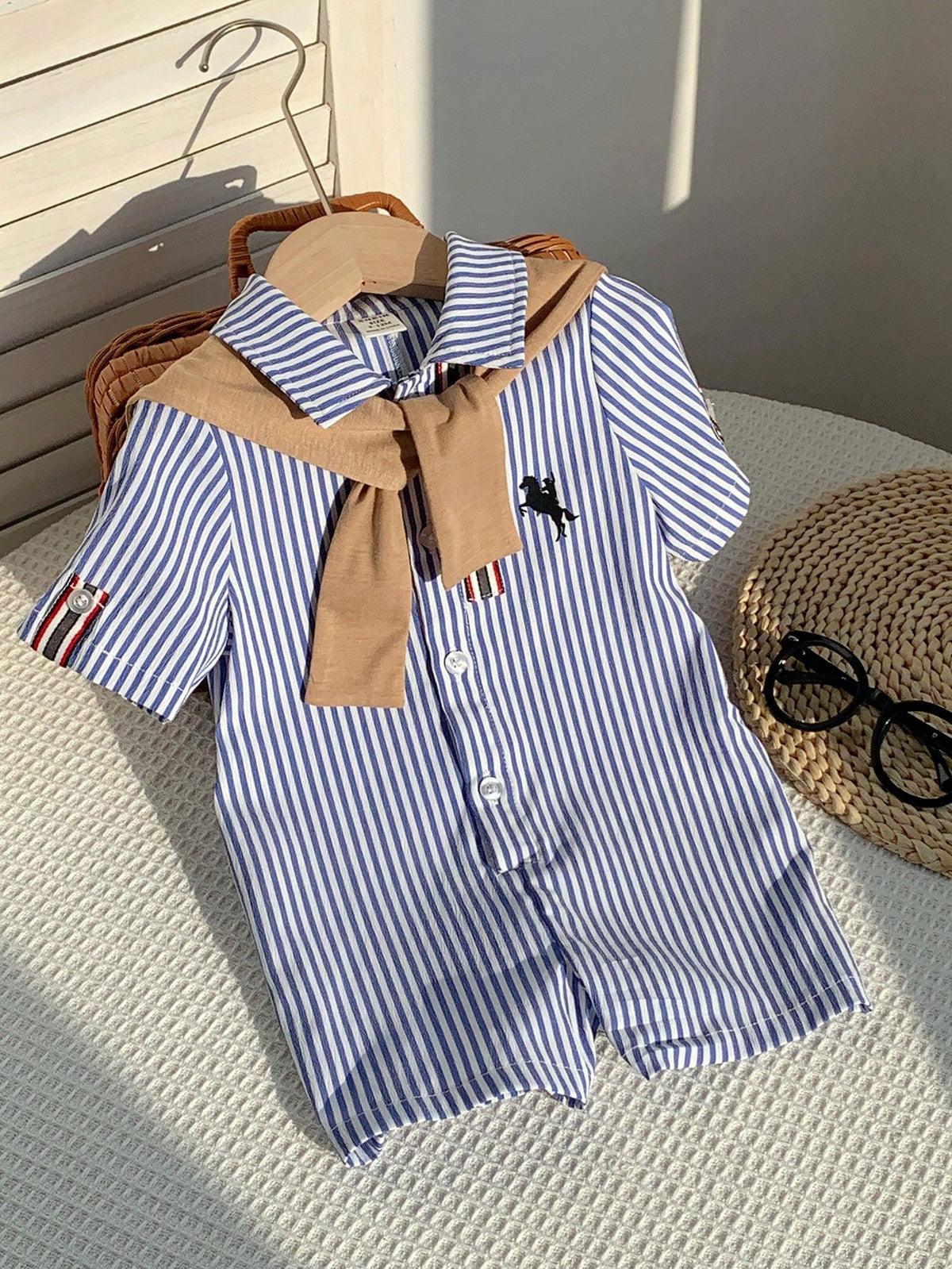 2pcs Boys Striped Seersucker Romper & Knit Shawl Set - Cerulean | 2...