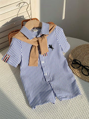2pcs Boys Striped Seersucker Romper & Knit Shawl Set - Cerulean | 2...