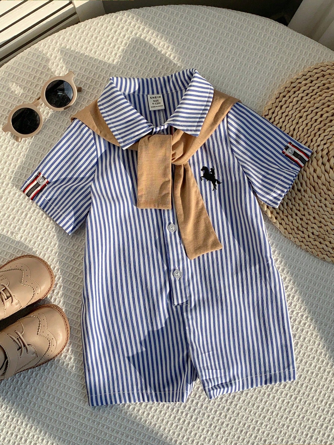 2pcs Boys Striped Seersucker Romper & Knit Shawl Set - Cerulean | 2...