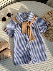 2pcs Boys Striped Seersucker Romper & Knit Shawl Set - Cerulean | 2...