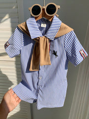 2pcs Boys Striped Seersucker Romper & Knit Shawl Set - Cerulean | 2...
