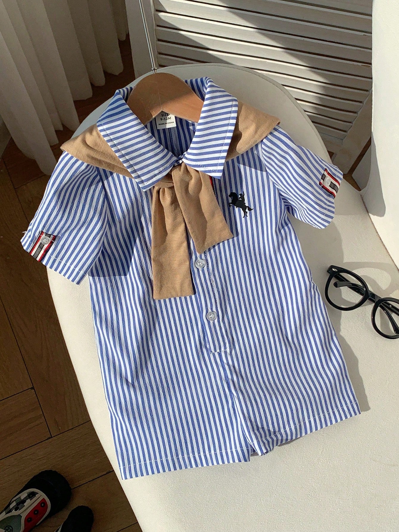 2pcs Boys Striped Seersucker Romper & Knit Shawl Set - Cerulean | 2...