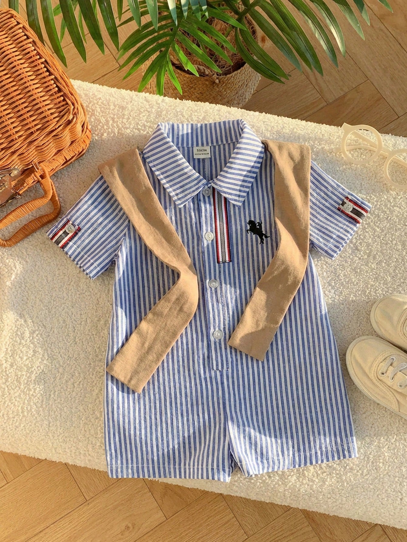 2pcs Boys Striped Seersucker Romper & Knit Shawl Set - Cerulean | 2...
