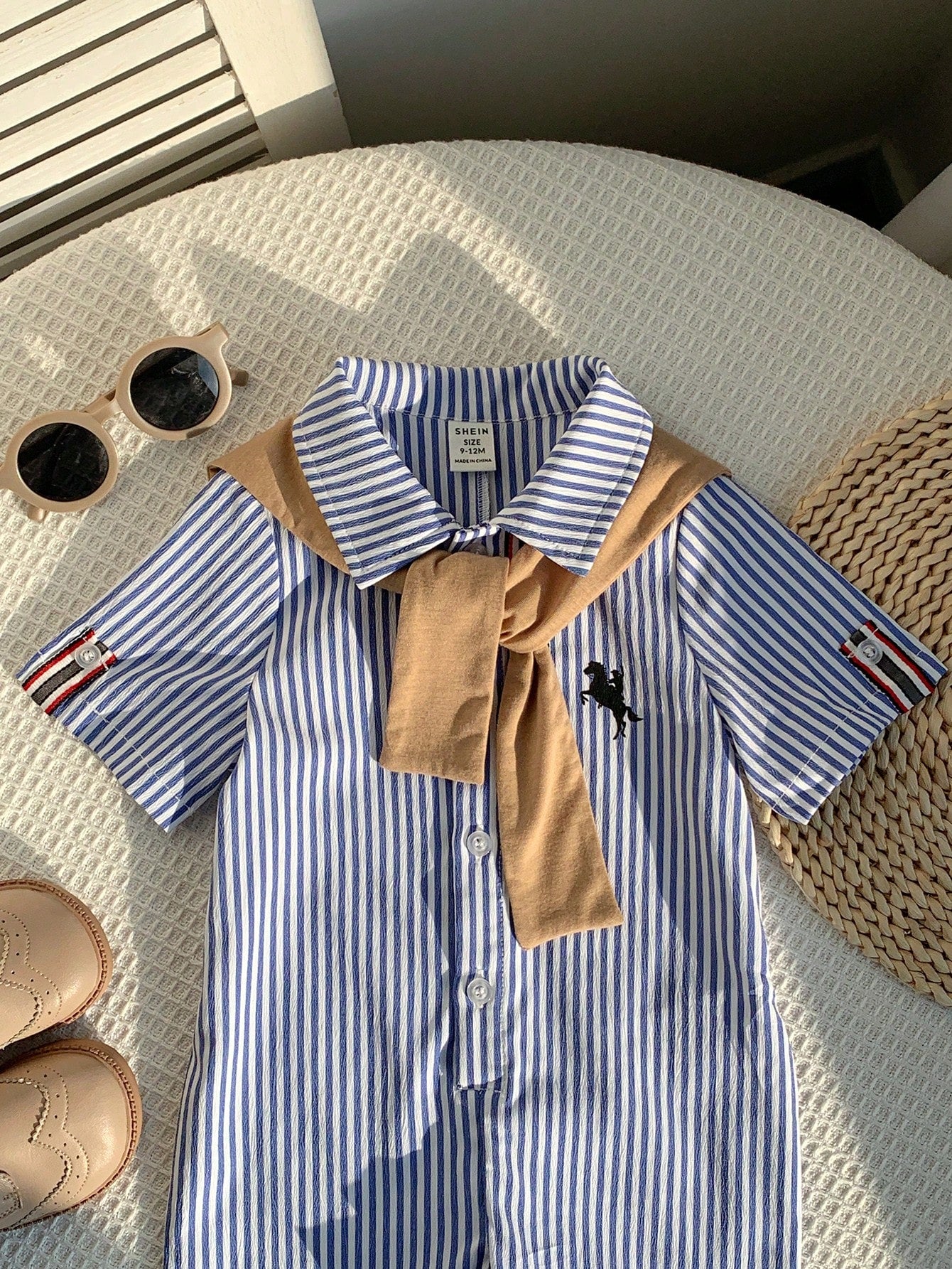 2pcs Boys Striped Seersucker Romper & Knit Shawl Set - Cerulean | 2...
