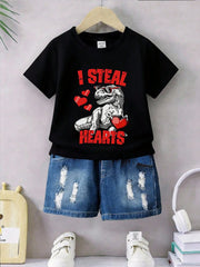 2pcs Boys Dinosaur Graphic Tee & Distressed Denim Shorts Set - Onyx...