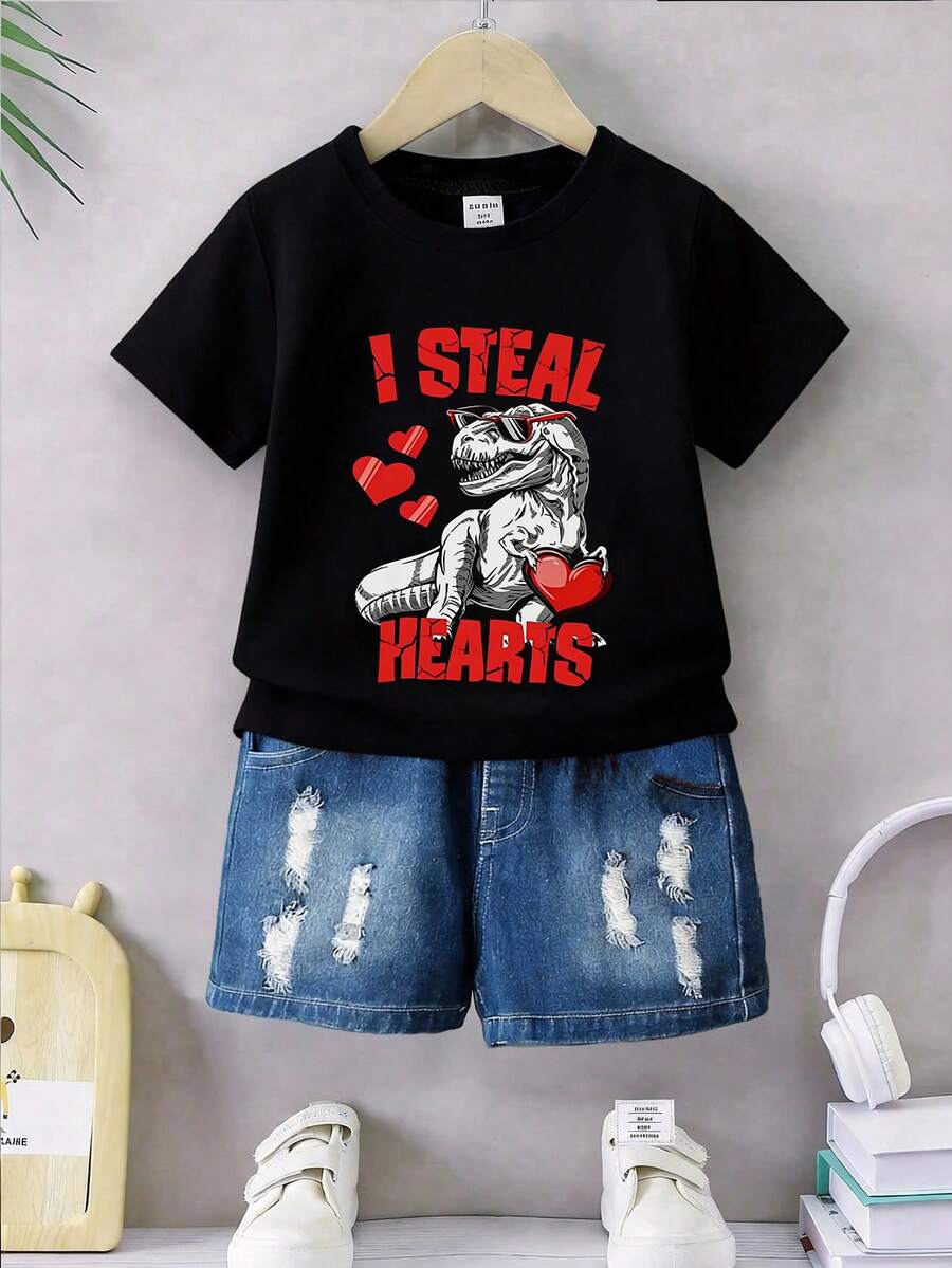 2pcs Boys Dinosaur Graphic Tee & Distressed Denim Shorts Set - Onyx...