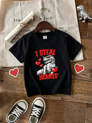 2pcs Boys Dinosaur Graphic Tee & Distressed Denim Shorts Set - Onyx...