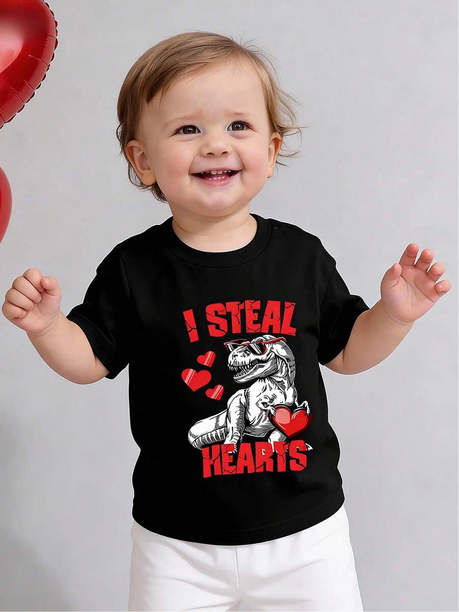 2pcs Boys Dinosaur Graphic Tee & Distressed Denim Shorts Set - Onyx...