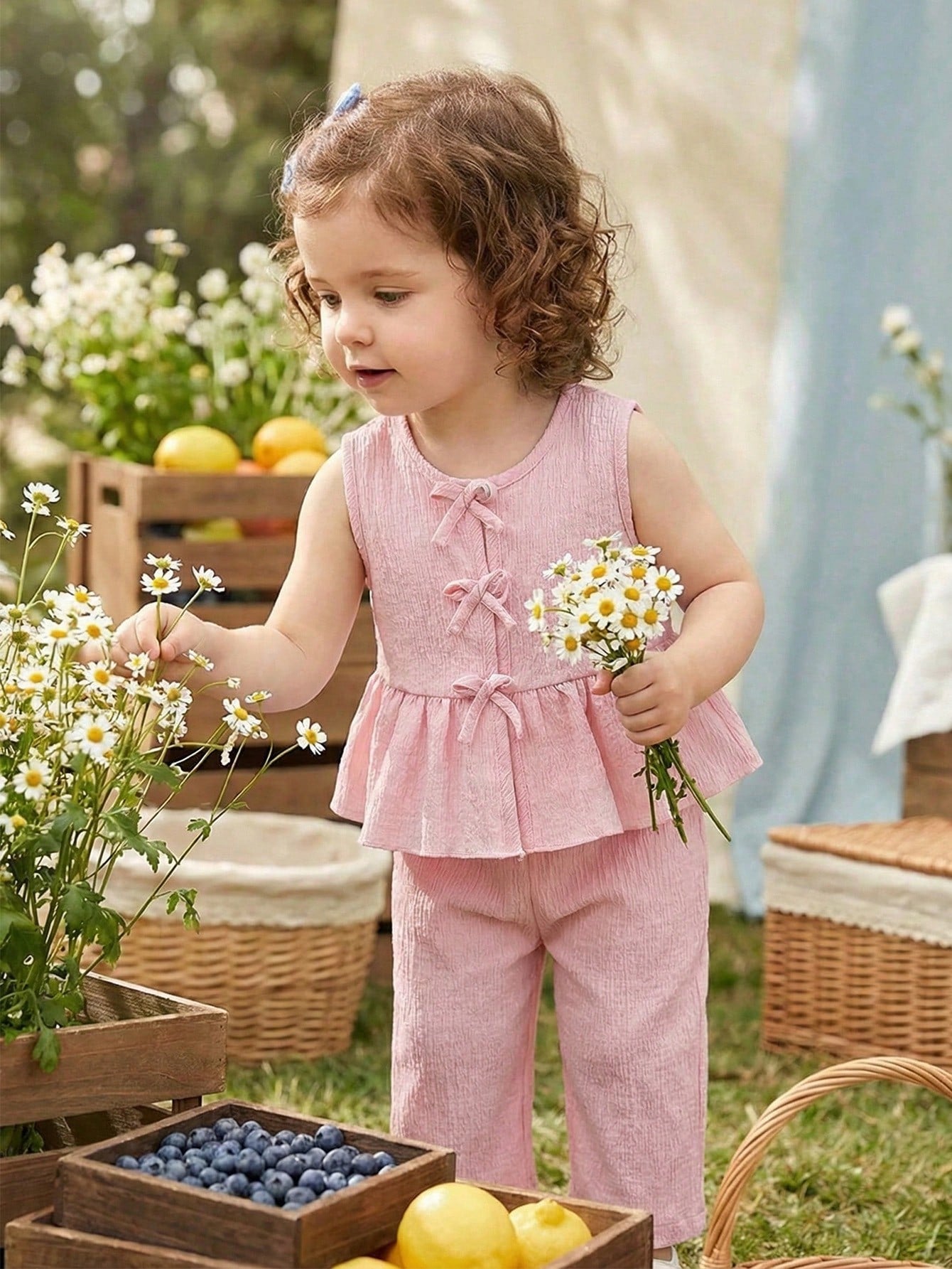 2pcs Girls Bow Detail Peplum Top & Wide-Leg Pants Set - Blush | 21 ...