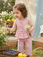 2pcs Girls Bow Detail Peplum Top & Wide-Leg Pants Set - Blush | 21 ...