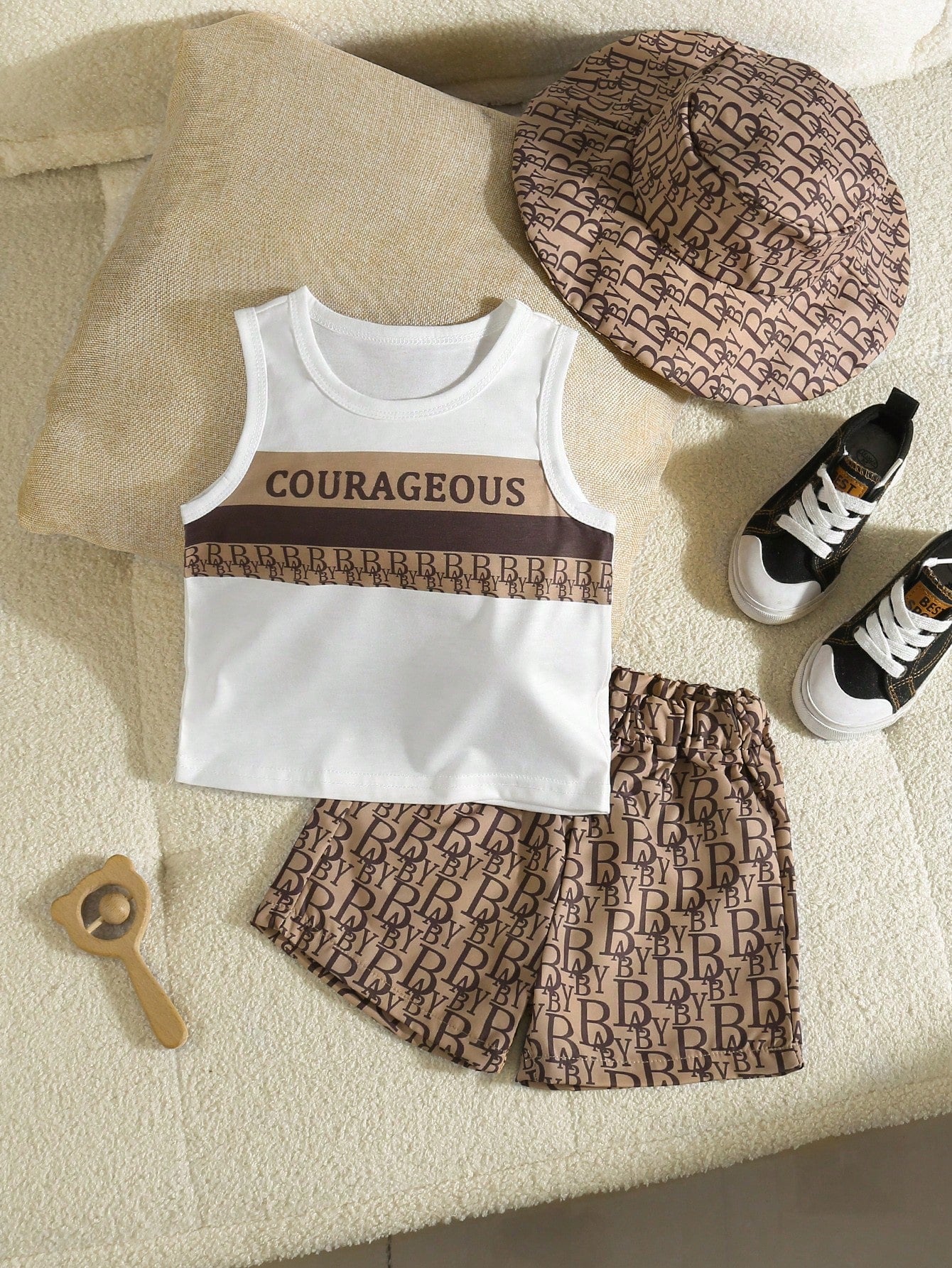 3pcs Boys Courageous Graphic Vest, Shorts & Bucket Hat Set - Latte ...