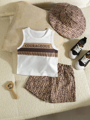 3pcs Boys Courageous Graphic Vest, Shorts & Bucket Hat Set - Latte ...