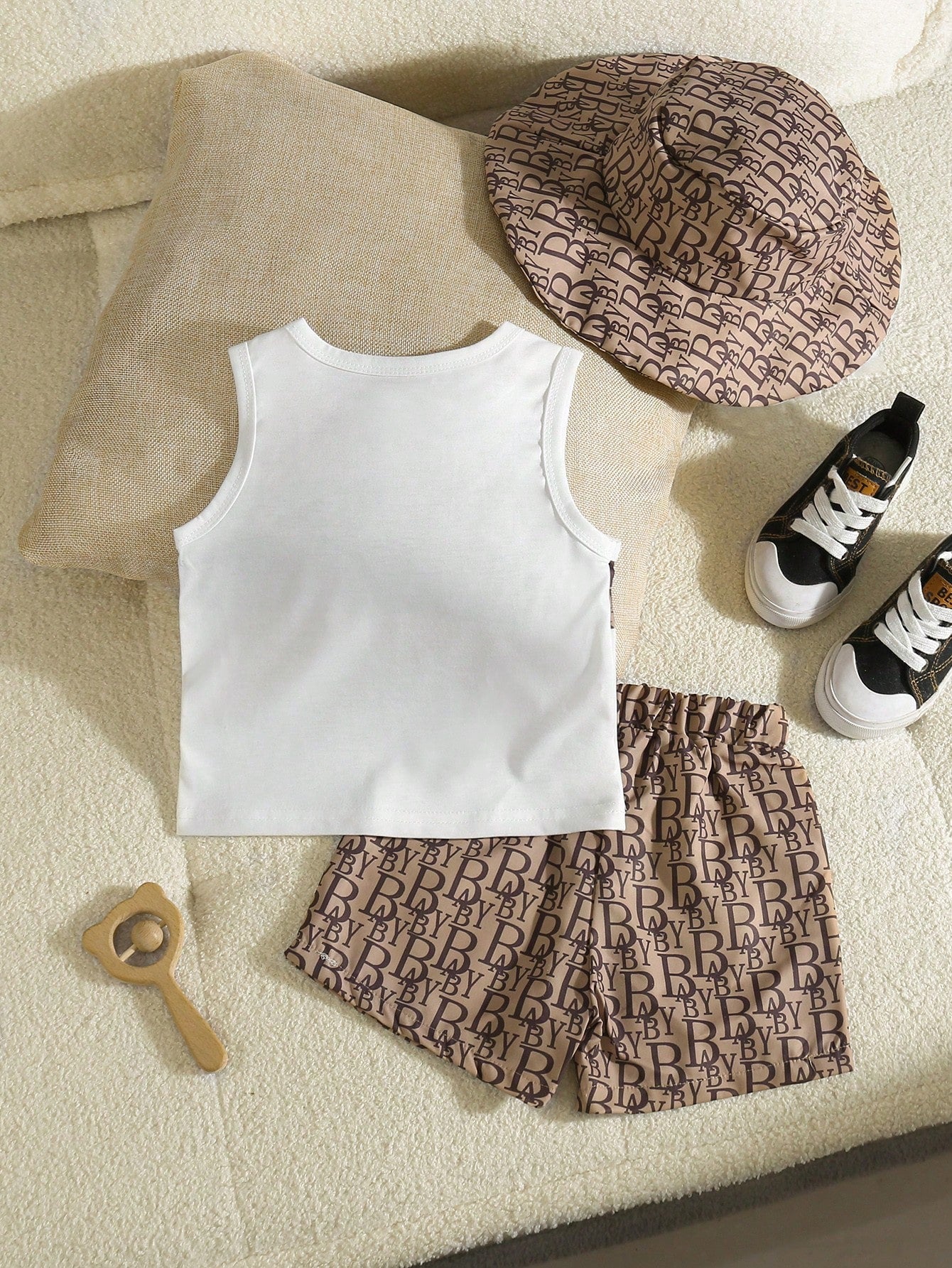 3pcs Boys Courageous Graphic Vest, Shorts & Bucket Hat Set - Latte ...