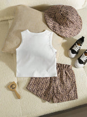 3pcs Boys Courageous Graphic Vest, Shorts & Bucket Hat Set - Latte ...