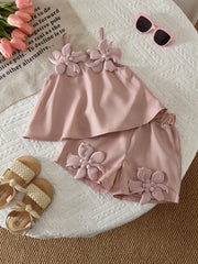 2pcs Girls 3D Floral Appliqué Camisole & Shorts Set - Blush