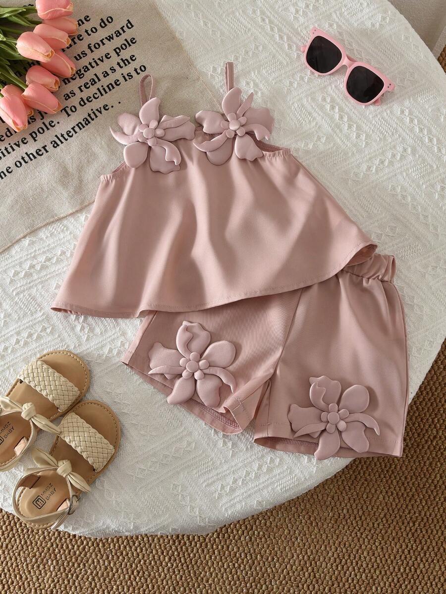 2pcs Girls 3D Floral Appliqué Camisole & Shorts Set - Blush
