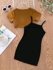 2pcs Girls Heart Print Crop Tee & Cami Dress Set - Ochre | 21 Centu...