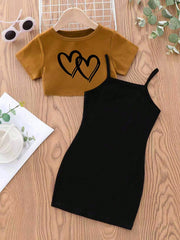 2pcs Girls Heart Print Crop Tee & Cami Dress Set - Ochre | 21 Centu...