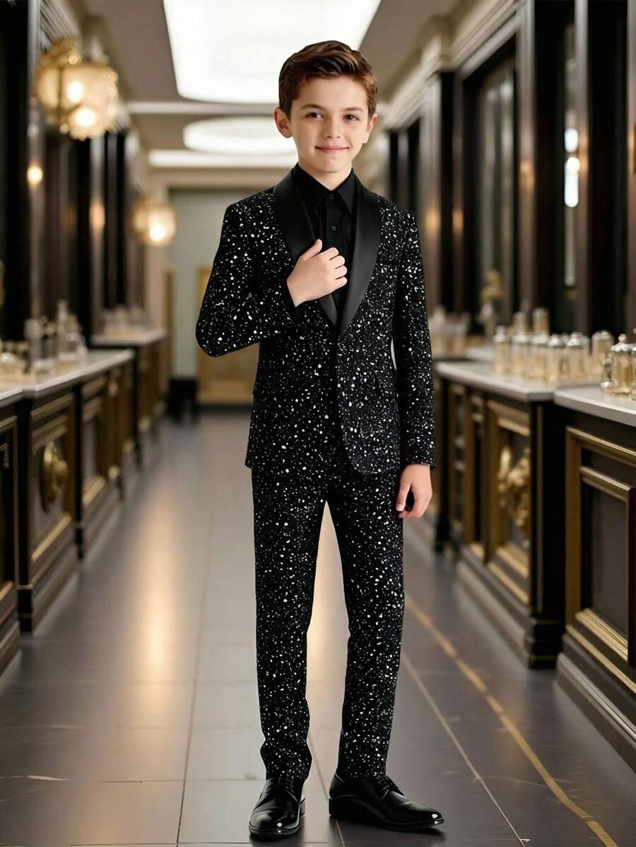 2pcs Big Boys Shiny Jacket & Trousers Suit - Midnight Black