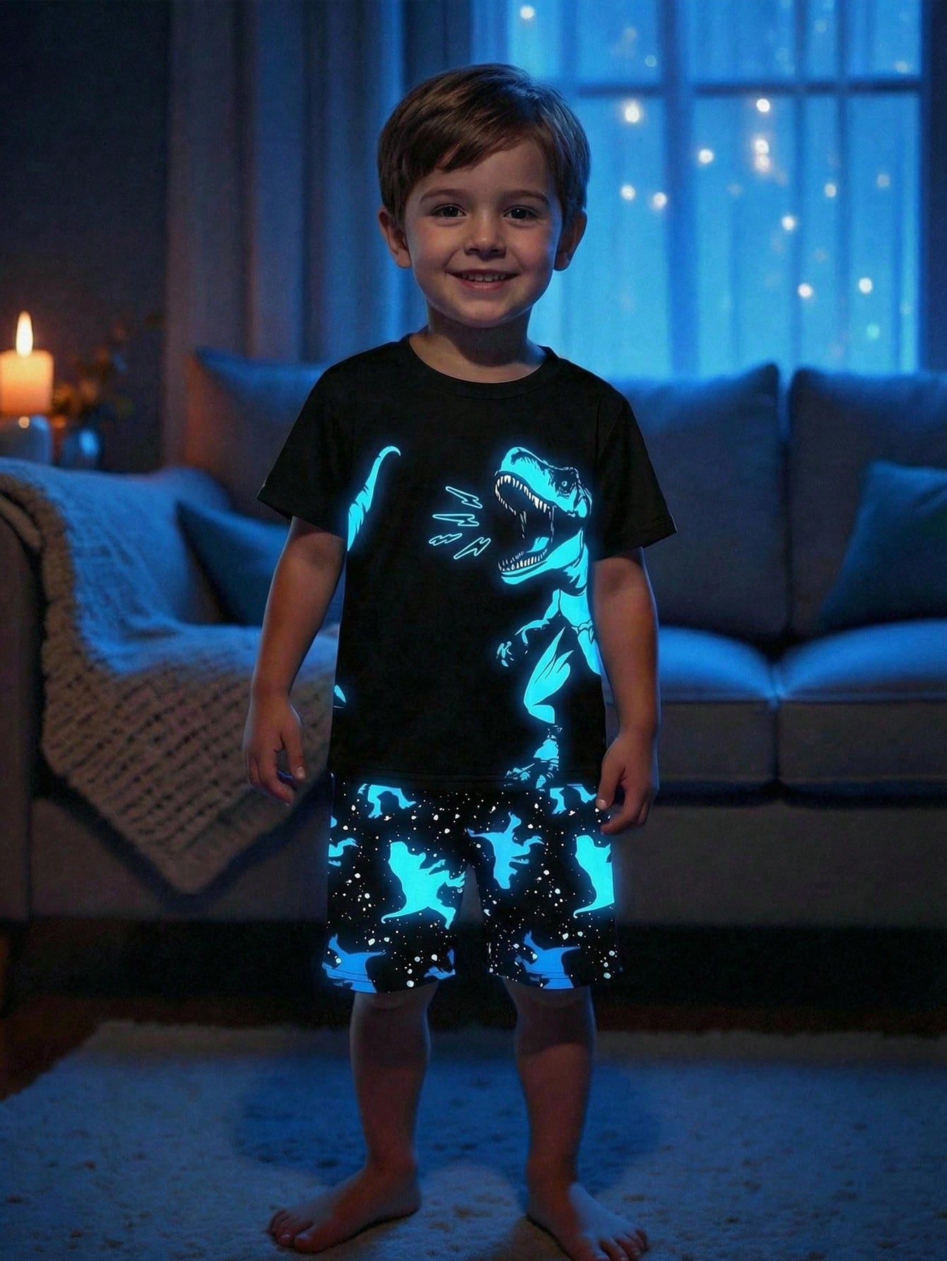 2pcs Little Boys Glow-In-The-Dark Dinosaur Tee & Shorts Set - Onyx