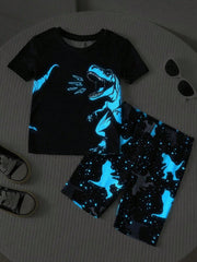 2pcs Little Boys Glow-In-The-Dark Dinosaur Tee & Shorts Set - Onyx