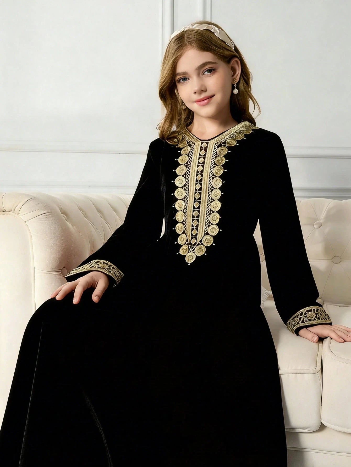 Big Girls Gold Coin Embroidered Abaya Maxi Dress - Onyx | 21 Centur...