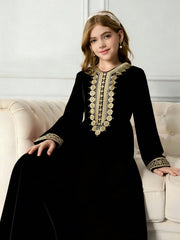 Big Girls Gold Coin Embroidered Abaya Maxi Dress - Onyx | 21 Centur...