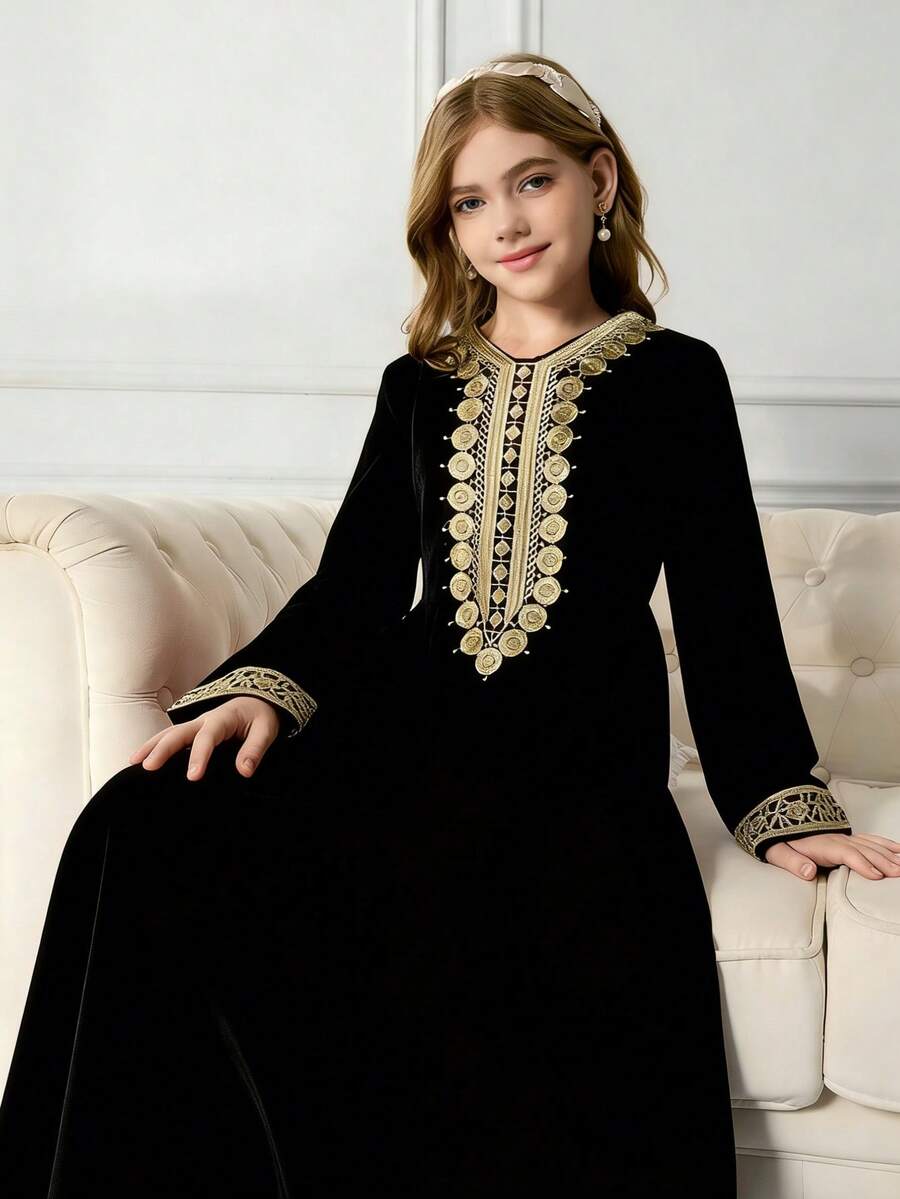 Big Girls Gold Coin Embroidered Abaya Maxi Dress - Onyx | 21 Centur...