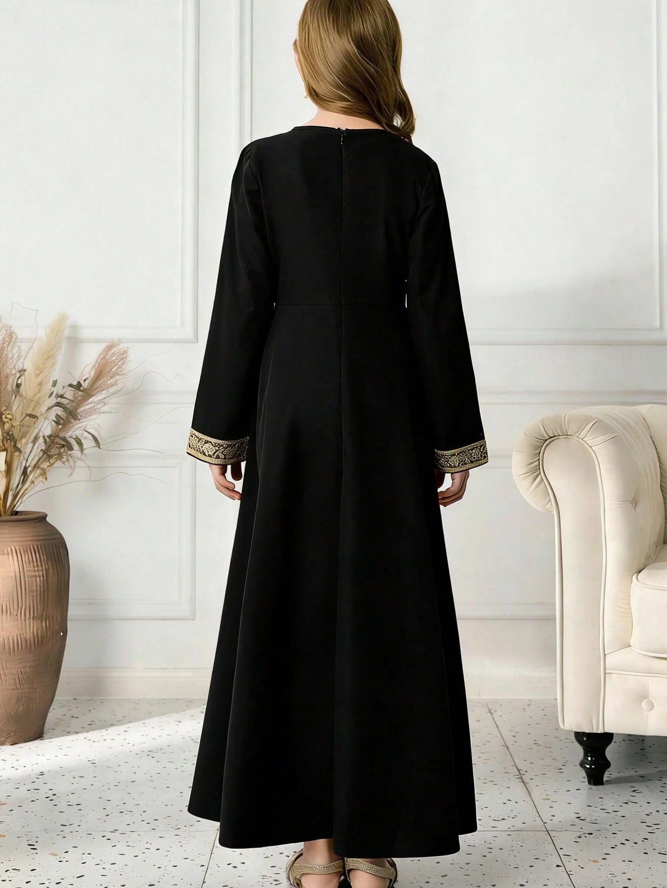 Big Girls Gold Coin Embroidered Abaya Maxi Dress - Onyx | 21 Centur...