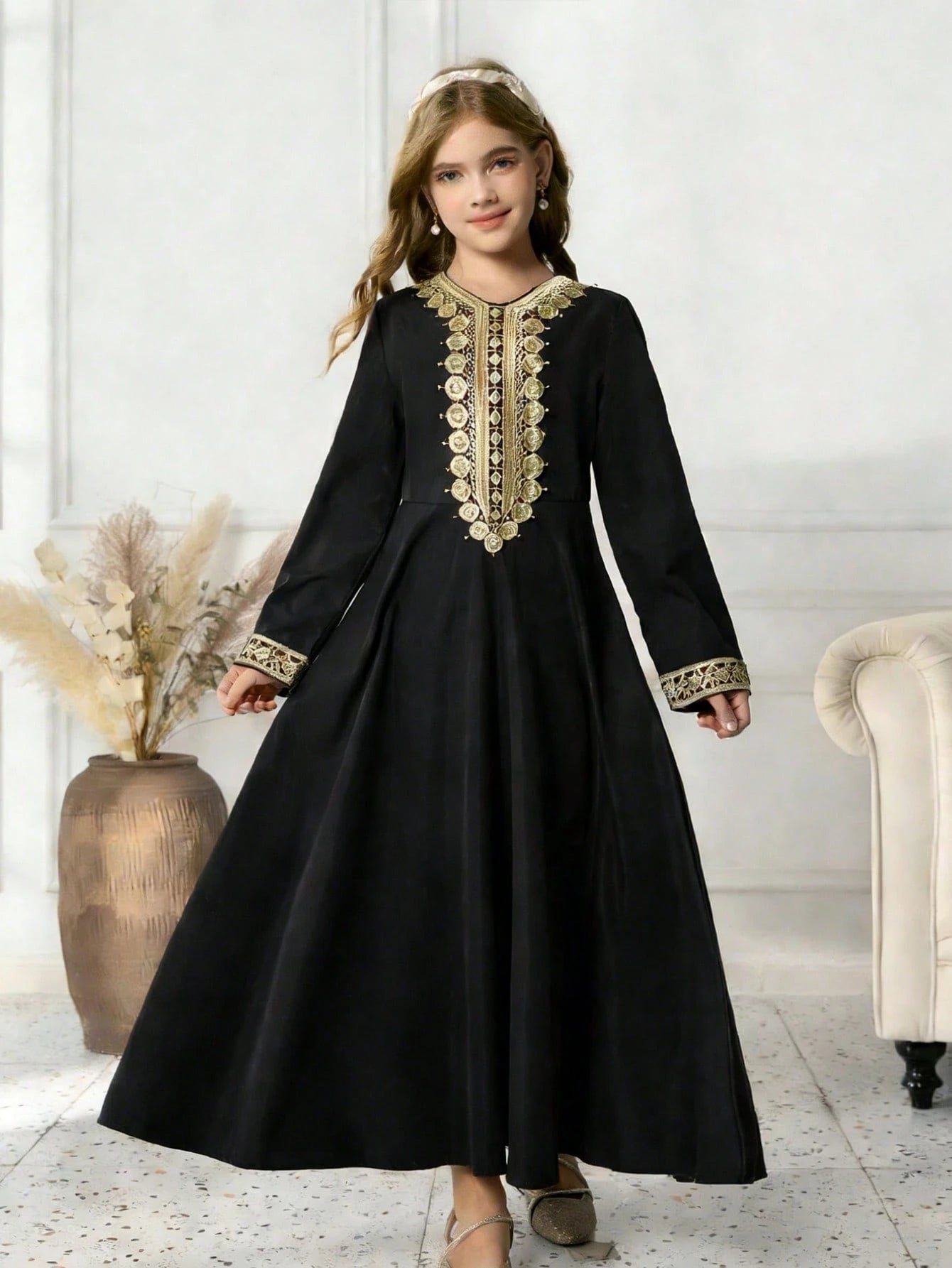 Big Girls Gold Coin Embroidered Abaya Maxi Dress - Onyx | 21 Centur...