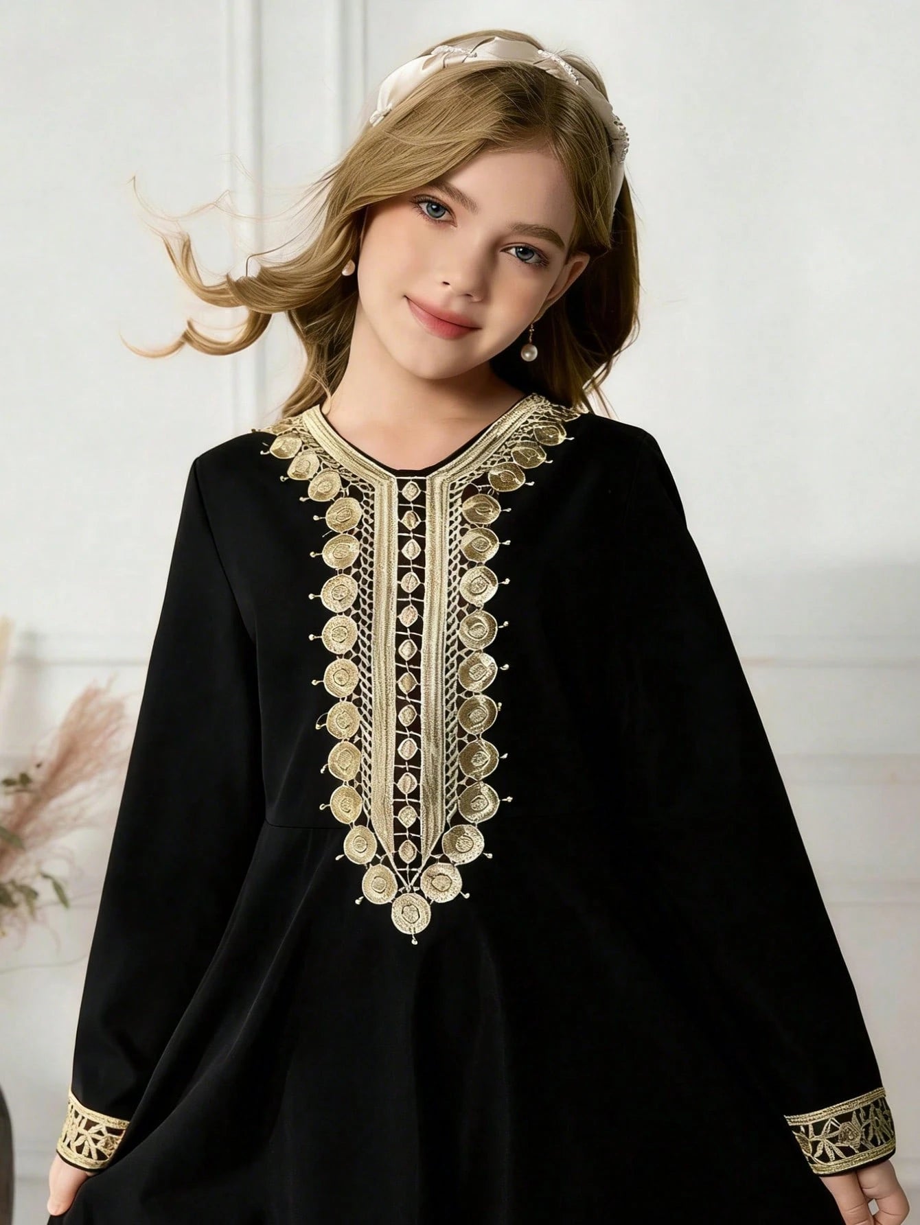 Big Girls Gold Coin Embroidered Abaya Maxi Dress - Onyx | 21 Centur...