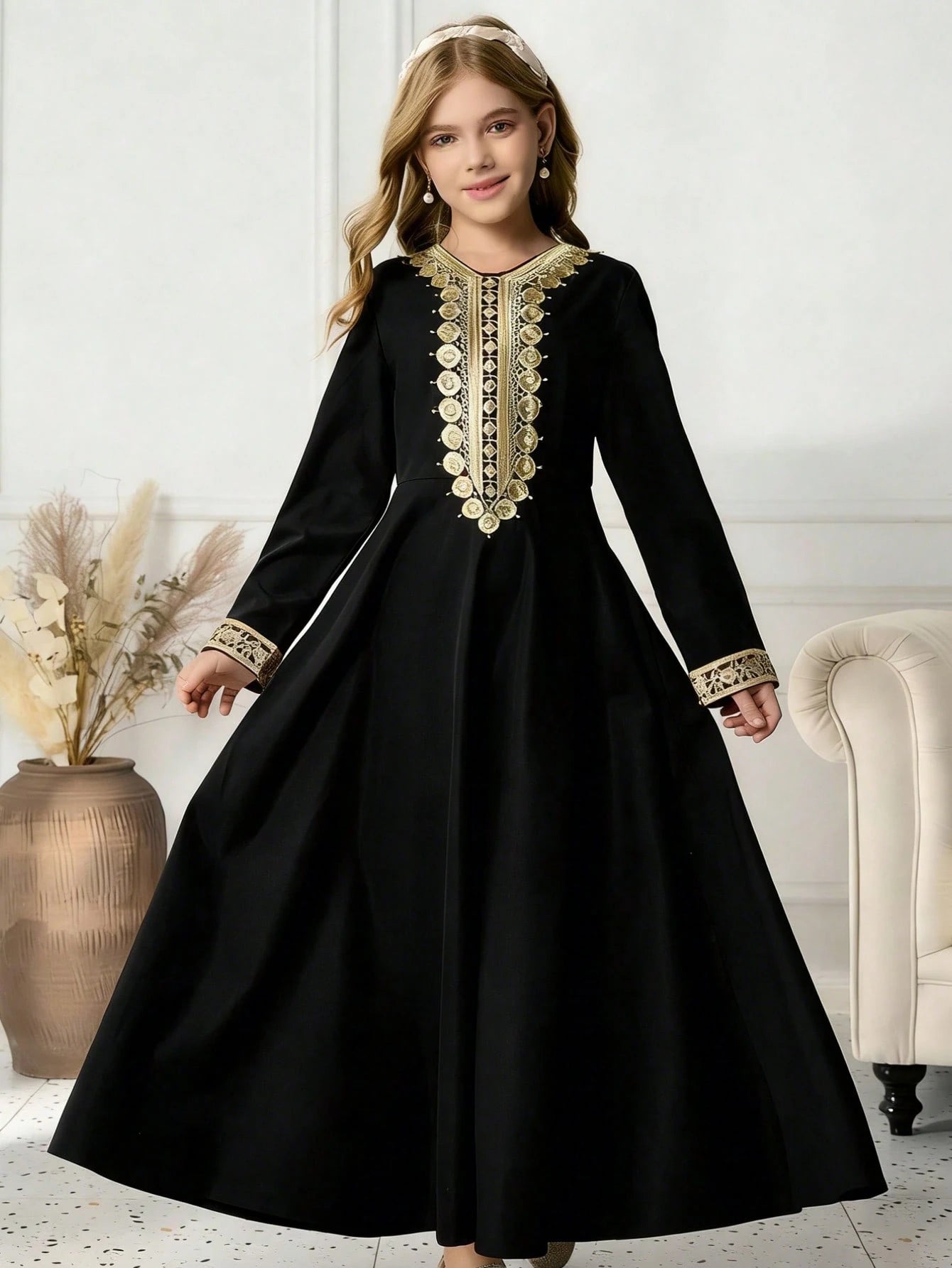 Big Girls Gold Coin Embroidered Abaya Maxi Dress - Onyx | 21 Centur...