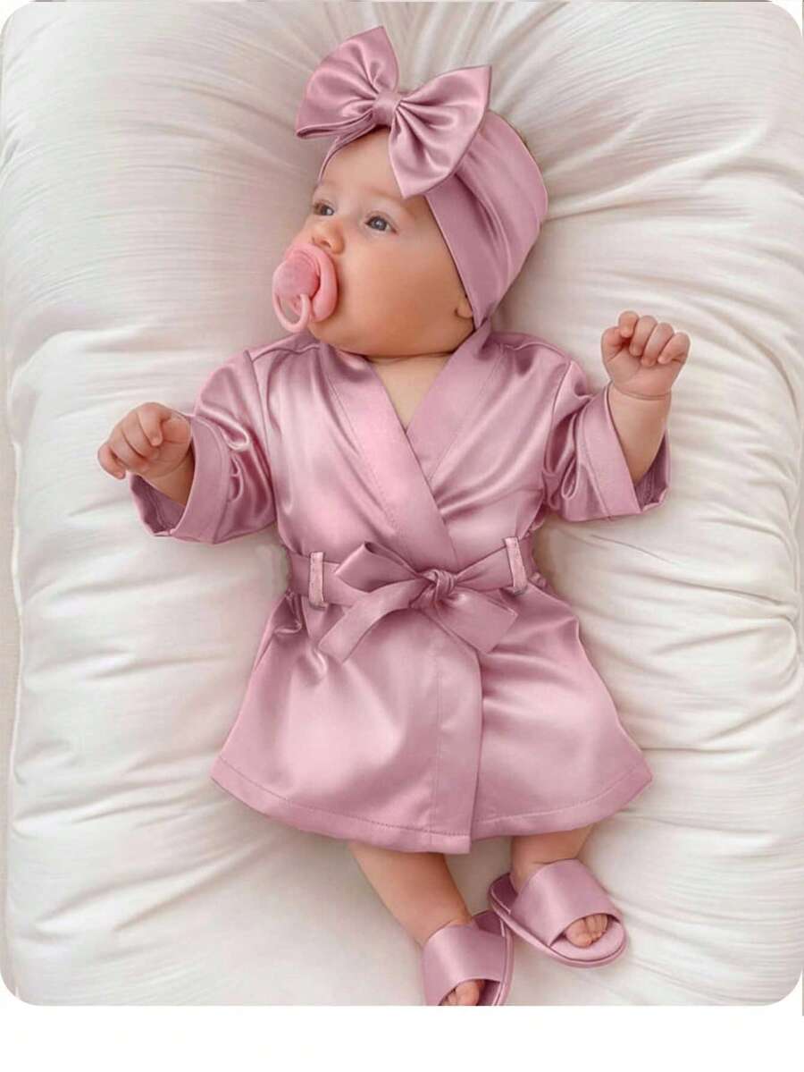 3pcs Baby Girls Satin Kimono Robe, Headband & Slippers Set - Mauve ...