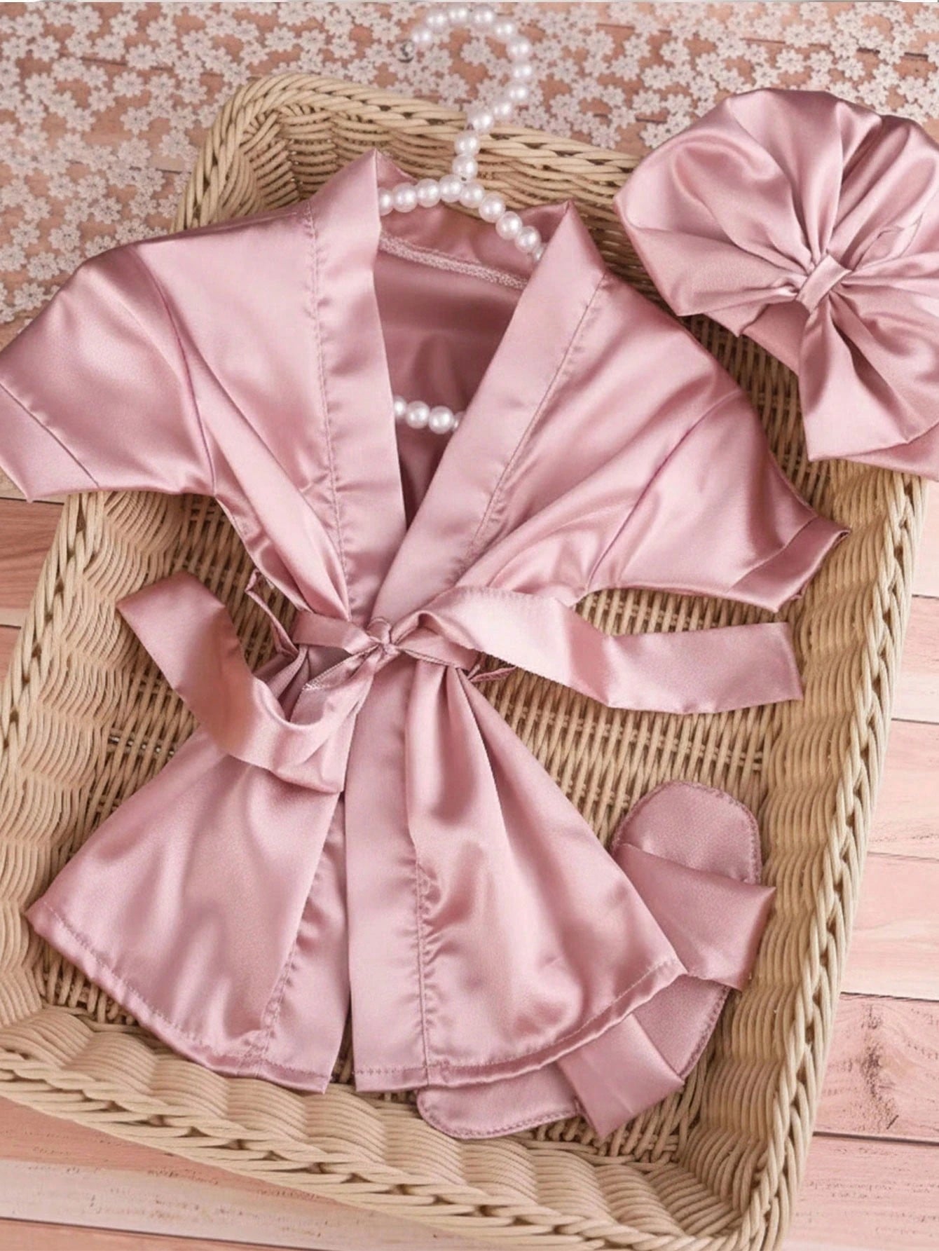 3pcs Baby Girls Satin Kimono Robe, Headband & Slippers Set - Mauve ...