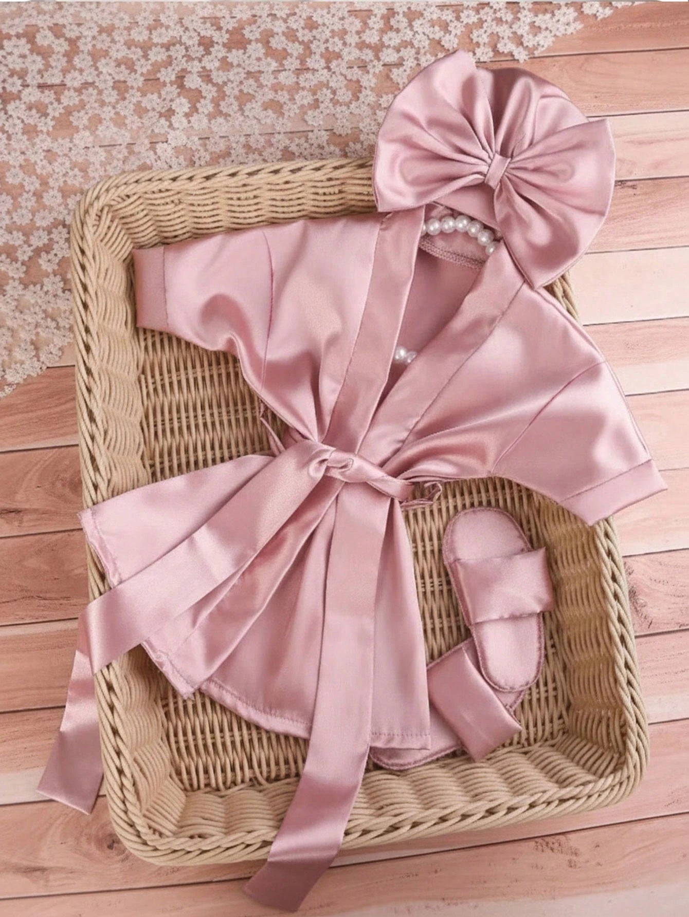 3pcs Baby Girls Satin Kimono Robe, Headband & Slippers Set - Mauve ...