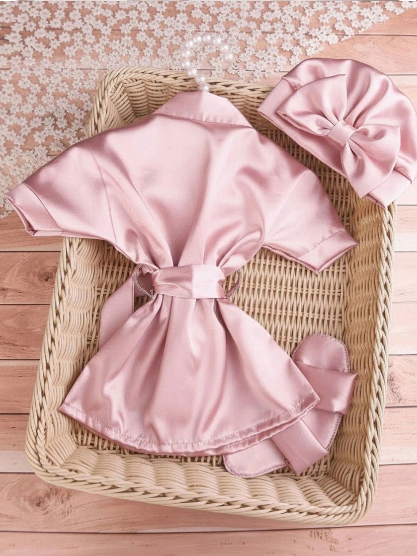 3pcs Baby Girls Satin Kimono Robe, Headband & Slippers Set - Mauve ...