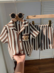 2pcs Boys Striped Knit Resort Collar Shirt & Shorts Set - Latte
